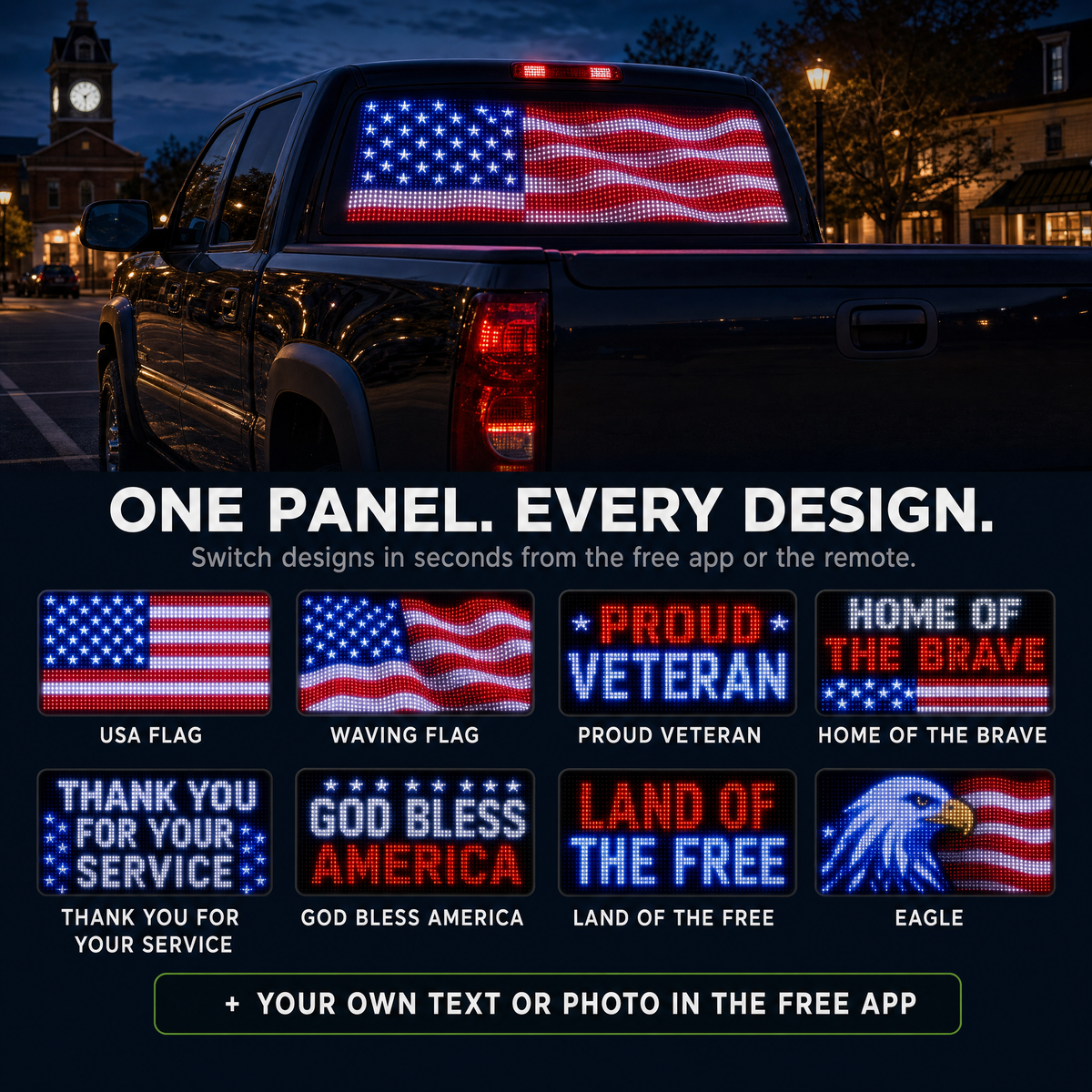 One panel, every design: flag, Proud Veteran, Home of the Brave, Thank You for Your Service and more