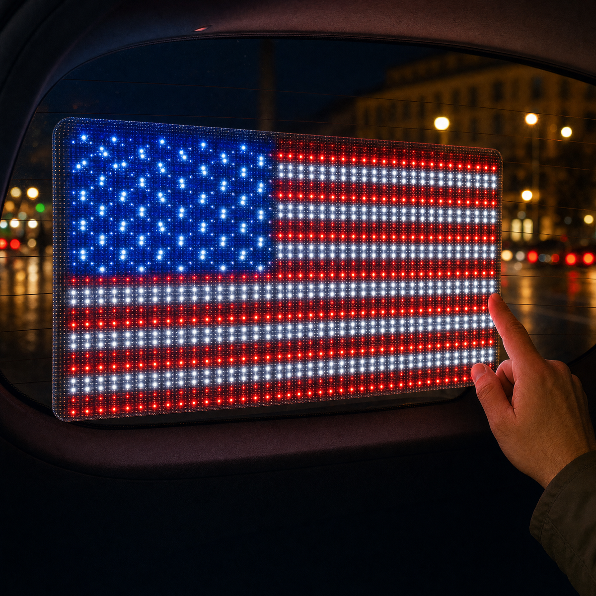Close-up of the bright LED pixels of the flag panel
