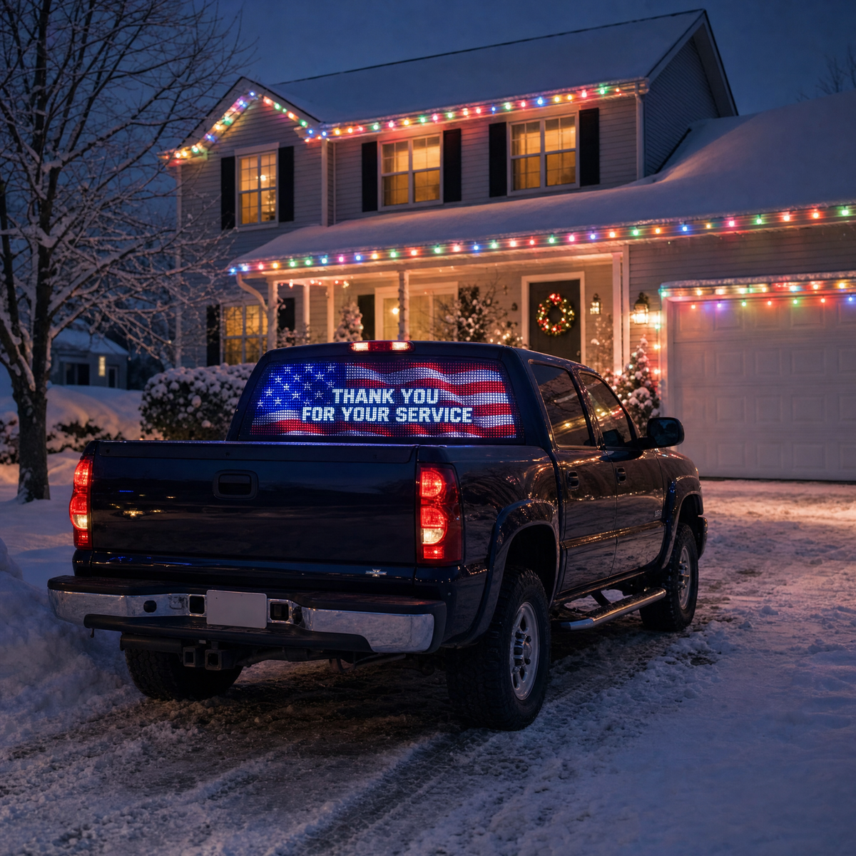 THANK YOU FOR YOUR SERVICE design on a pickup in a snowy driveway with Christmas lights