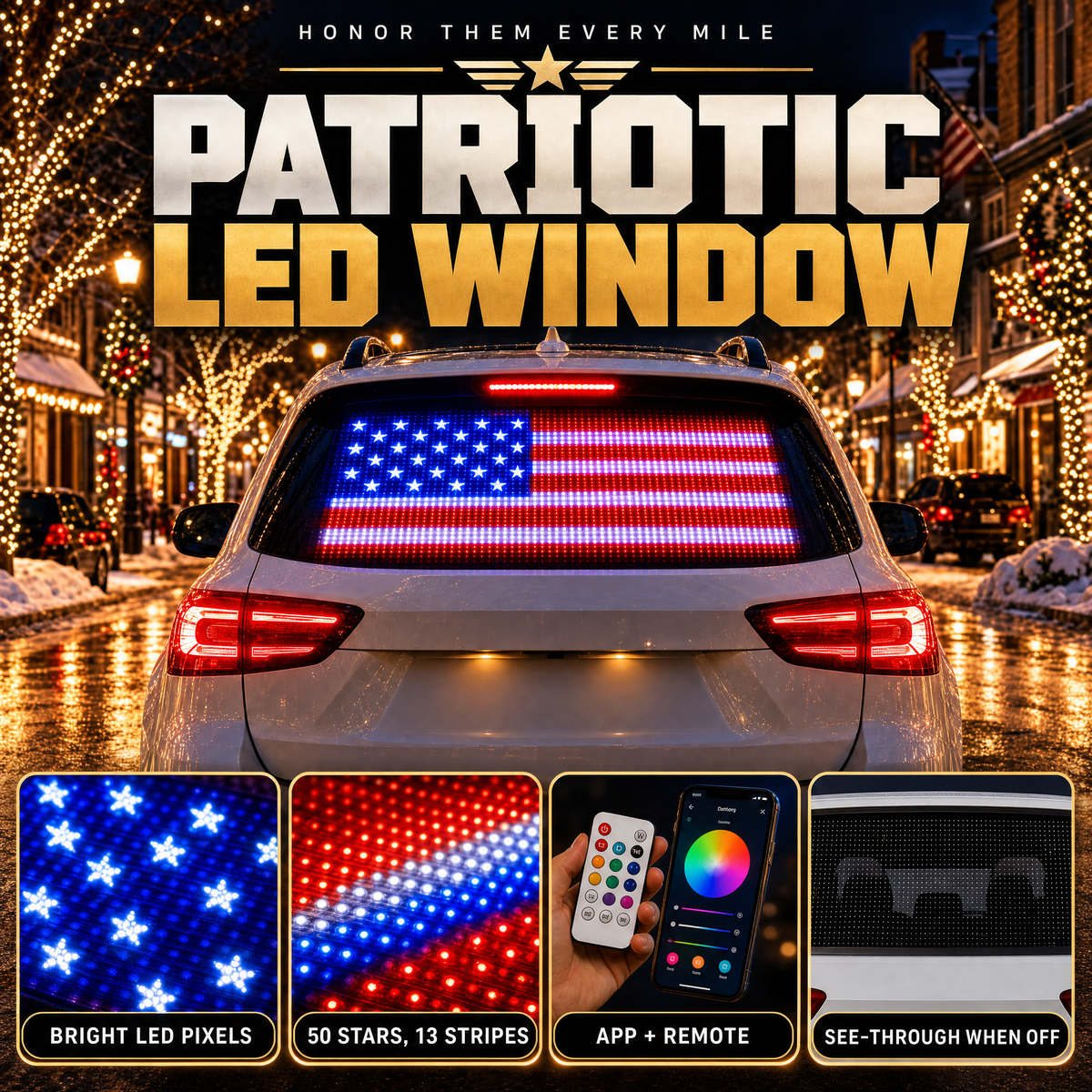 LED window panel showing a glowing American flag on an SUV rear window on a Christmas street
