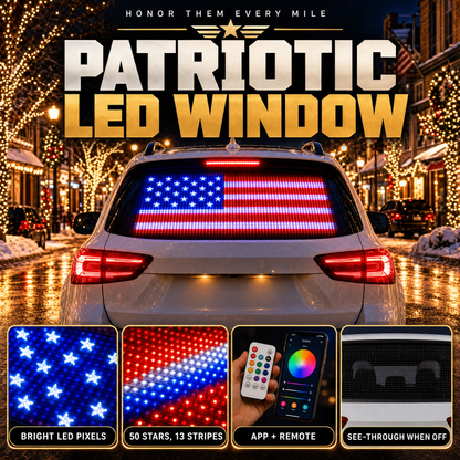 LED window panel showing a glowing American flag on an SUV rear window on a Christmas street
