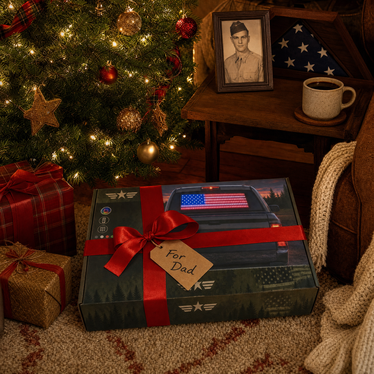 Gift box with a red ribbon under the Christmas tree, tag For Dad